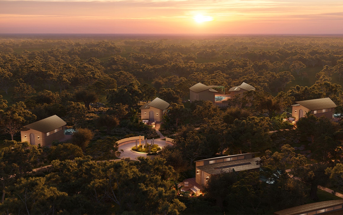 render of eco cabins and suites in the bush